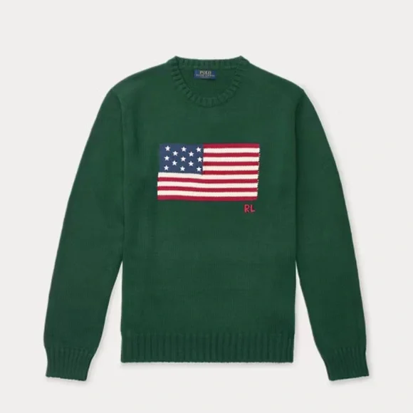 POLO Ralph Lauren Dark Green Crewneck Sweater with Flag - Picture 2 of 5